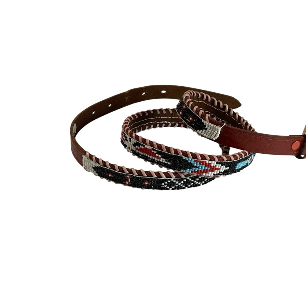 Vintage Brown Genuine Leather Handmade Tribal Design Seed Bead Embroidered Belt